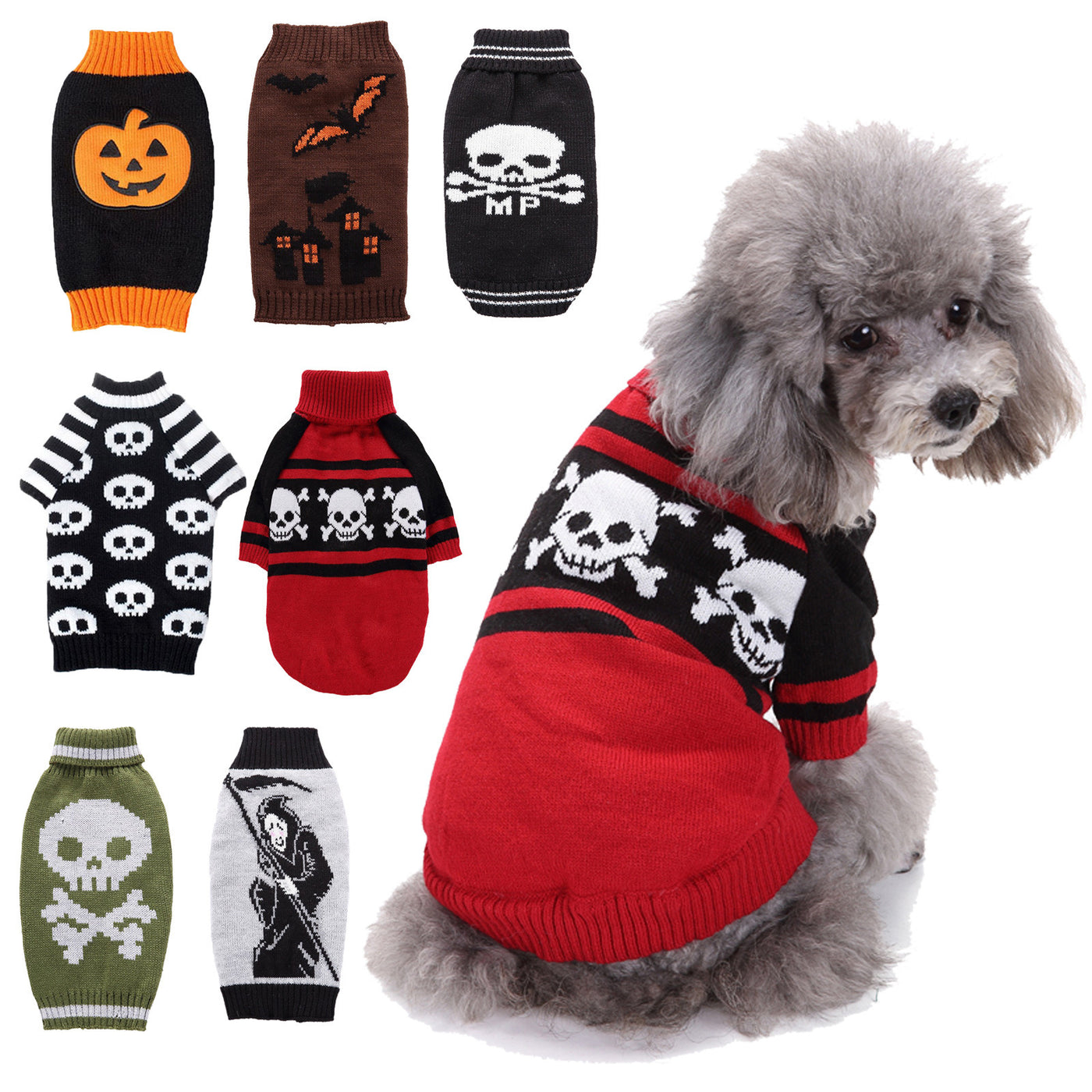 Pet Dog Halloween Costume Pumpkin Skull Death Pattern Pet Knit Sweater