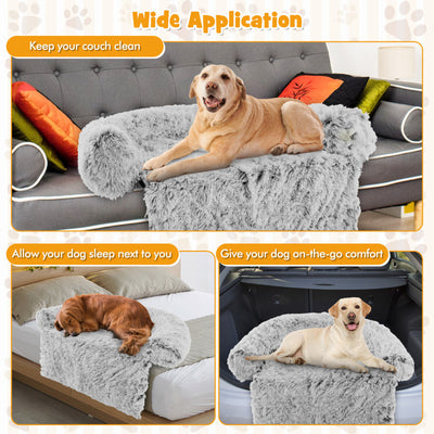 Gray Plush Calming Dog Couch Bed with Anti-Slip Bottom