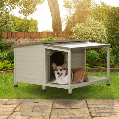 Outdoor fir wood dog house with an open roof ideal for small to medium dogs. Dog house with large terrace with clear roof.Weatherproof asphalt roof and treated wood.