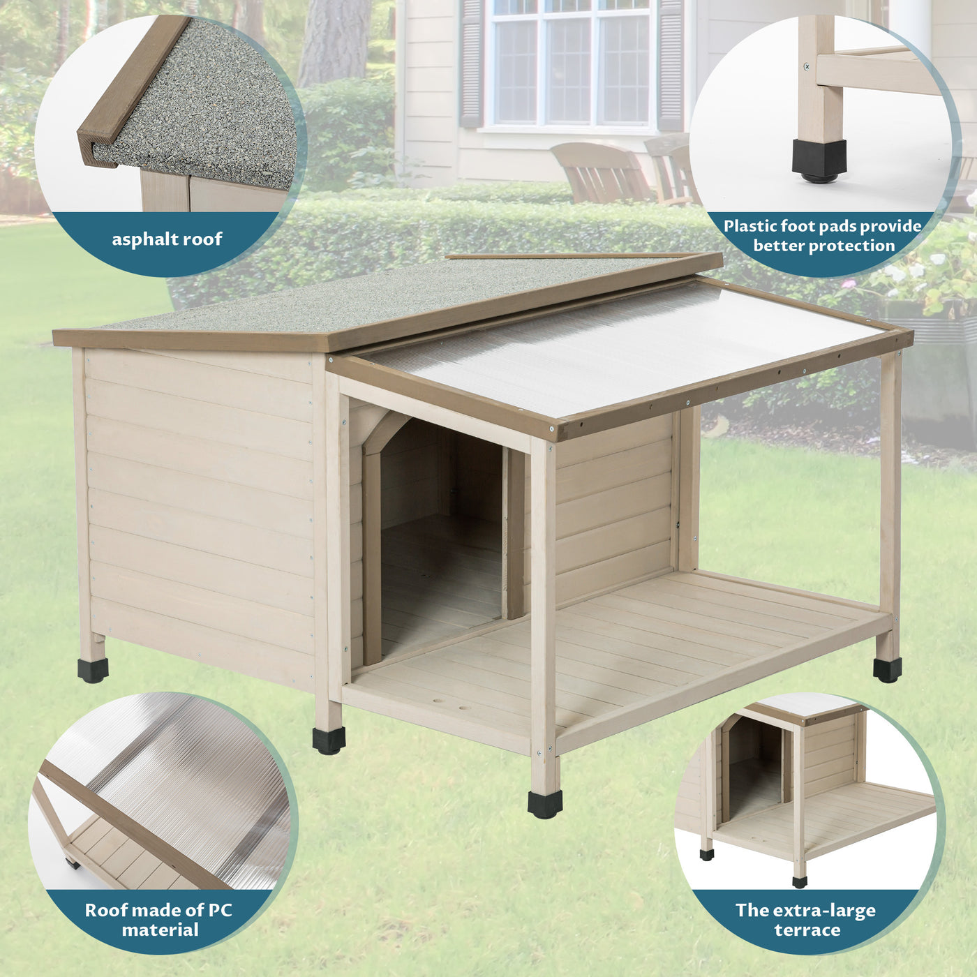 Outdoor fir wood dog house with an open roof ideal for small to medium dogs. Dog house with large terrace with clear roof.Weatherproof asphalt roof and treated wood.