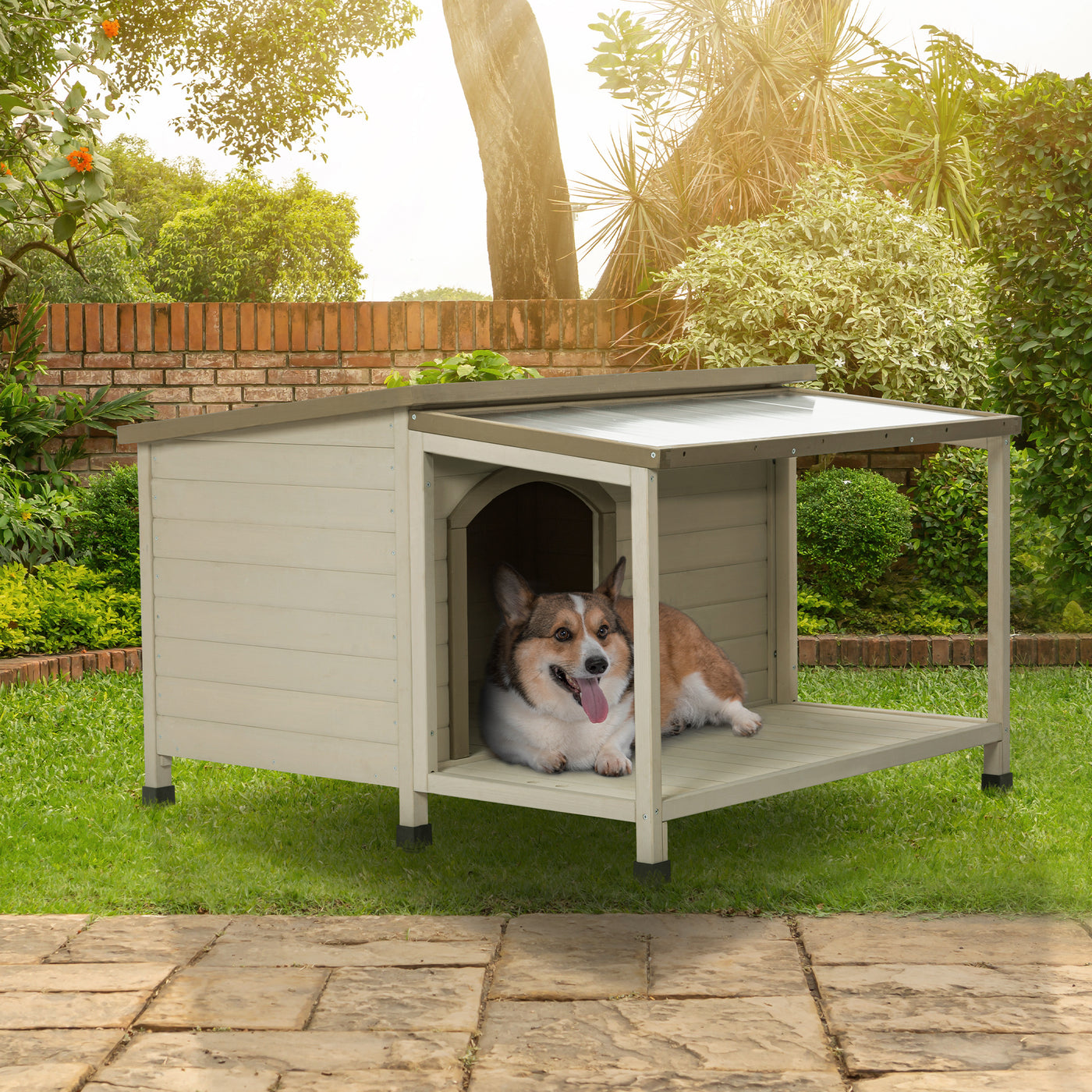 Outdoor fir wood dog house with an open roof ideal for small to medium dogs. Dog house with large terrace with clear roof.Weatherproof asphalt roof and treated wood.