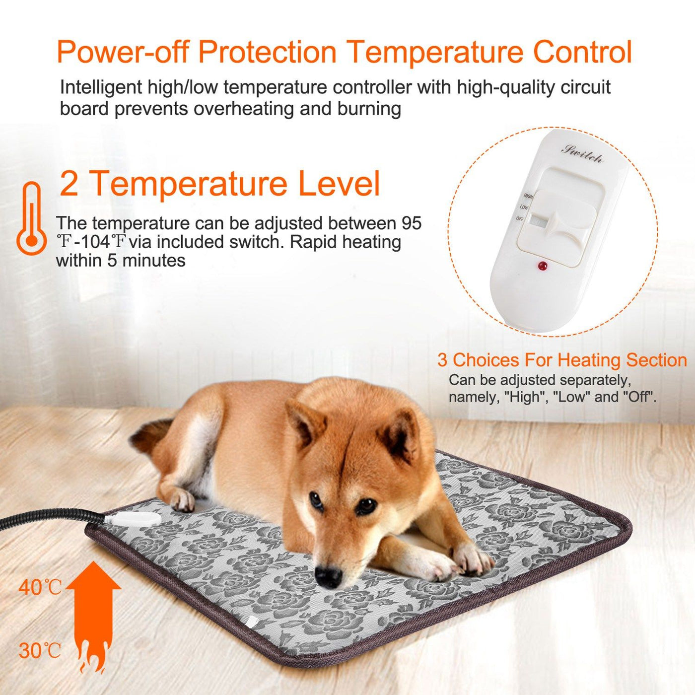 Pet Heating Pad Dog Cat Electric Heating Mat Waterproof Adjustable Warming Blanket